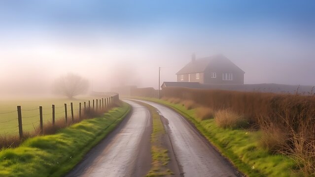 enthalpy. Misty country lane leading to a distant stone cottage. lifestyle magazines, social media lookbooks, designed for influencer and brand collaborations, used by SEO specialists.