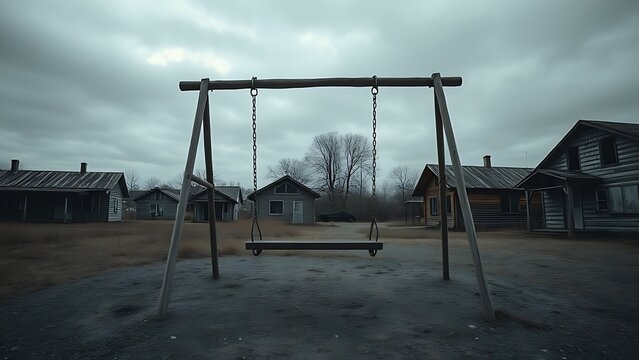 ppa. Empty playground swing moving in abandoned village under overcast sky. lifestyle magazines, social media lookbooks, designed for influencer and brand collaborations.