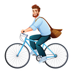 Bearded man with messenger bag riding city bicycle to work or office. Vector cartoon character illustration