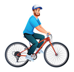 Young man wearing cap riding mountain bike for outdoor fitness activity. Vector cartoon character illustration