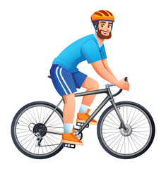 Professional cyclist with helmet riding road bike for sport training. Vector cartoon character illustration