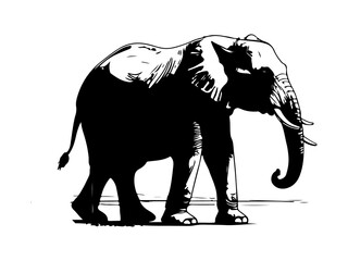 Side view elephant silhouette illustration in black ink style showing large african animal walking with trunk and tusks detailed profile for decorative art and wildlife conservation graphics