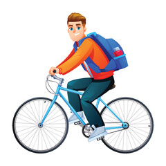 Young man with backpack riding city bicycle for commuting or travel. Vector cartoon character illustration