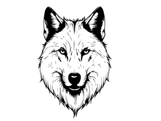 White wolf face portrait illustration in minimalist black and white line art style showing calm expression of arctic predator animal for creative branding and winter wildlife themed projects