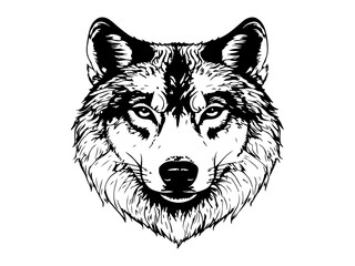 Detailed black and white illustration of a wolf's head, capturing intricate fur textures and expressive features, presented as a strong and captivating animal portrait on white