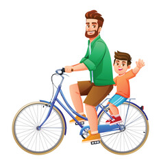 Bearded father riding bicycle with his young son on back passenger seat. Vector cartoon character illustration