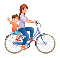 Mother riding bicycle with young son waving from the back passenger seat. Vector cartoon character illustration