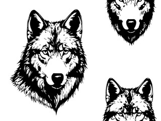 Collection of three distinct black and white wolf head illustrations, showcasing various artistic interpretations and levels of detail for animal portraits on a white background