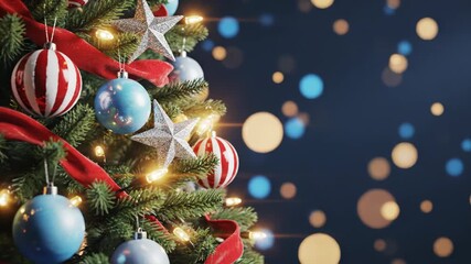 Christmas tree with red and blue ornaments on a dark background with bokeh lights 4k video - Powered by Adobe