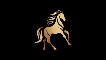Silhouette of a rearing horse in elegant gold against a stark, black background