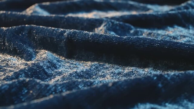 Blue textured velvet fabric with soft folds shimmering highlights and subtle shimmer catching warm light textured pile creating gentle waves rich deep color luxurious drape soft tactile mood