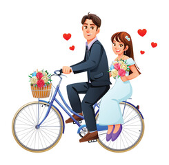 Happy groom and bride riding bicycle with flower basket and floating hearts. Vector cartoon character illustration