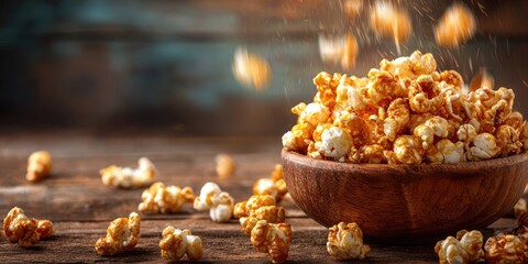 Caramel popcorn in a wooden bowl with kernels scattered on a rustic, wood-planked surface