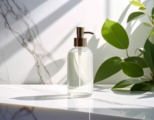 Close-Up of Hand Soap Bottle Shadow on Marble Counter