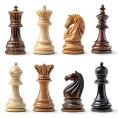 Ornate Wooden Chess Pieces Arranged on White Background