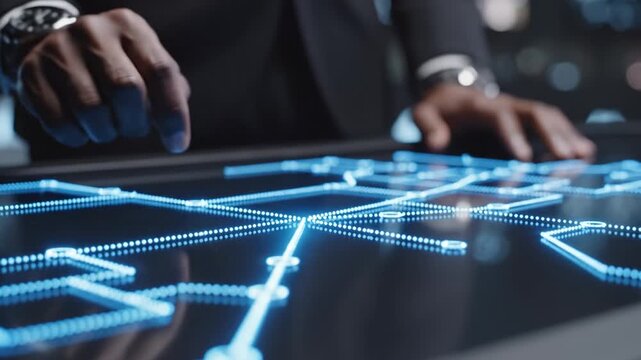 Businessman interacting with illuminated digital blueprint interface touchscreen table showing network lines and nodes cool blue light, businessman finger touching interactive glass table with