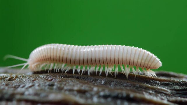 Close-up of a pale, segmented millipede with numerous legs on a textured surface against a green background.