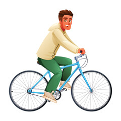 Young man riding a city bike wearing a casual hoodie and trousers while smiling. Vector cartoon character illustration