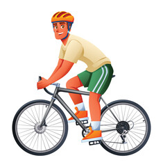 Man cyclist wearing a helmet and sports shoes riding a racing bike in profile. Vector cartoon character illustration