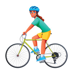 Woman wearing a safety helmet and athletic outfit cycling on a road bicycle. Vector cartoon character illustration