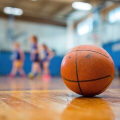 Orange Basketball Resting on Polished Hardwood Gym Floor