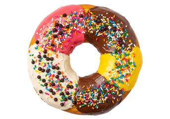 A colorful ring donut divided into four sections of icing, topped with sprinkles and chocolate balls, isolated on transparent background.