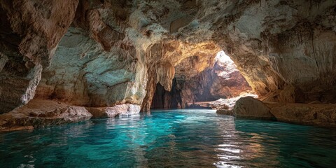 A scenic view of an underground cave with stunning teal water and natural light