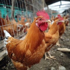 Alert Brown Chicken with Red Comb Standing Outdoors on Farm