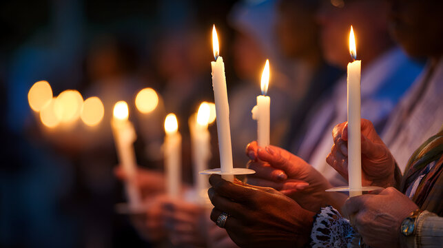 People holding lit candles in a peaceful gathering