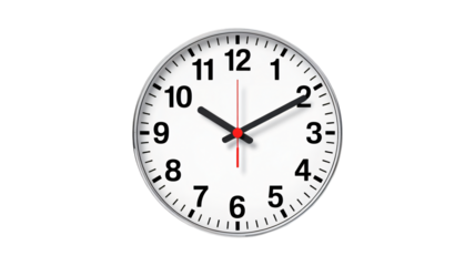 Modern analog clock with black hands and red second hand in sharp focus on white background for time management