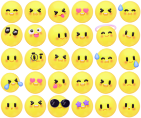 expressive 3d render emoji icon set featuring various yellow facial expressions, isolated on a transparent background, for digital communication.
