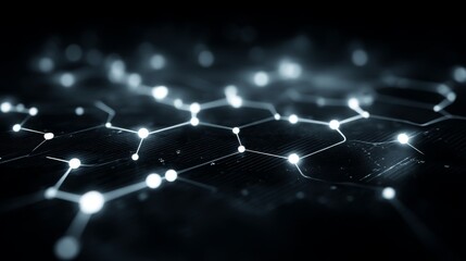 Abstract network of glowing dots and lines on a dark background representing connectivity and technology in a digital universe