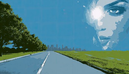 Surreal landscape combines road, trees, skyline, and a glowing face in the vibrant sky