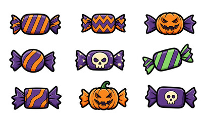 Fototapeta premium Halloween candy vector set with colorful cartoon sweets in spooky wrappers isolated on white background