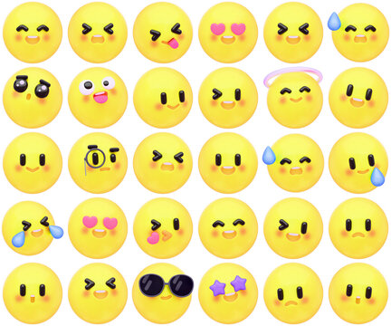 expressive 3d render emoji icon set featuring various yellow facial expressions, isolated on a transparent background, for digital communication. - Powered by Adobe