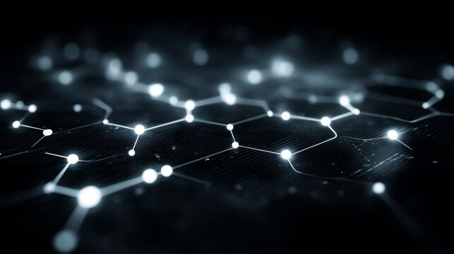 Abstract network of glowing dots and lines on a dark background representing connectivity and technology in a digital universe - Powered by Adobe