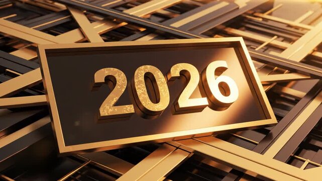Golden 2026 sign on metallic background with futuristic design elements and shiny gold accents 4k video