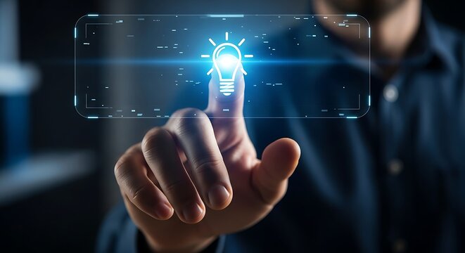 Man finger pointing at illuminated light bulb symbol on transparent virtual screen representing creative idea generation - Powered by Adobe