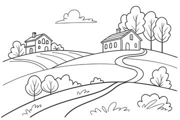  landscape with houses, vector illustration of a village, vector illustration of a house, Landscape with village houses on hill. Continuous one line drawing.
vector illustration of a village