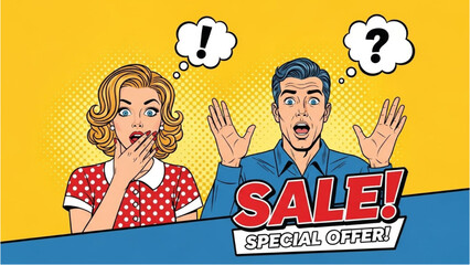 Cartoon couple reacting to a surprising sale announcement with shock and curiosity