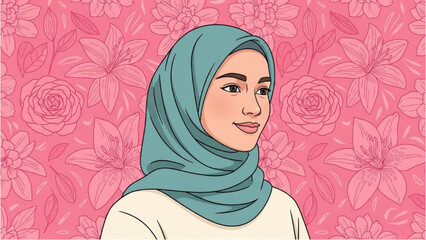 A serene young woman wearing a hijab stands against a vibrant floral background