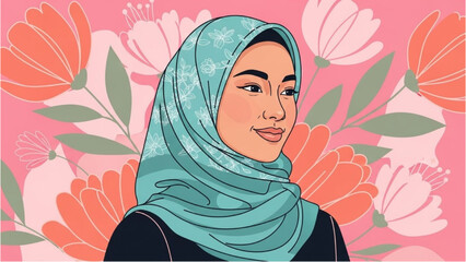 Illustration of a woman wearing a hijab surrounded by flowers