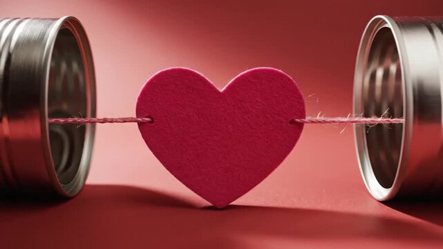 Symbolic Love Communication: Red Heart Connecting Two Tin Can Telephones on a Vibrant Background