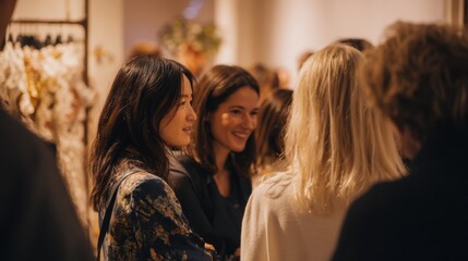 Fototapeta premium Medium shot highlighting close interactions between designers and guests discussing innovative biodegradable materials at an ethical fashion showcase.