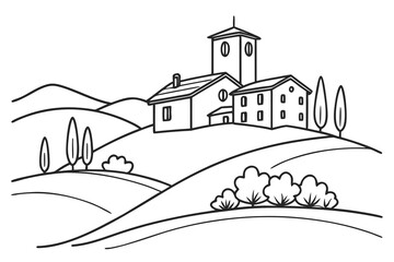 the lake house in the woods is drawn as a silhouette. The landscape in the country is drawn like a panoramic sketch. The village's outline is minimalistic. Eps