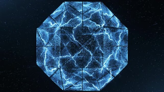 Electric blue plasma sphere with fractal lightning and particle grid forming octagonal geometric energy core futuristic abstract technology scene with high contrast and motion blue particle burst