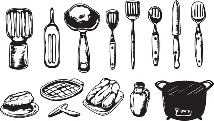 A professional vector illustration featuring a set of kitchen utensils and cutlery silhouettes including a fork, spoon, and knife design for a restaurant menu or dining meal icon