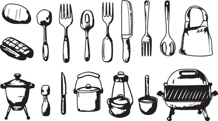 Set of kitchen utensils and stainless steel knives including a fork and spoon isolated on white for restaurant cutlery and dinner tableware