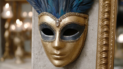 Golden masquerade mask with feathers reflecting elegance and mystery.