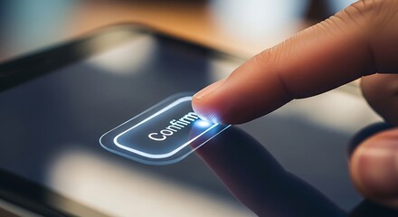 Finger pressing confirm button on a digital tablet with glowing light, security and transaction concept